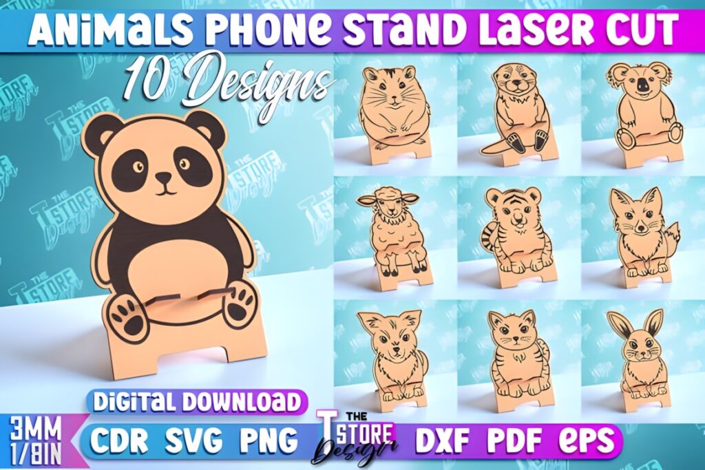 37 Laser Cut Ideas for Creative Maker Projects 23 Laser cut animal-themed phone stand designs including panda, otter, koala, sheep, tiger, fox, and rabbit in a bundle