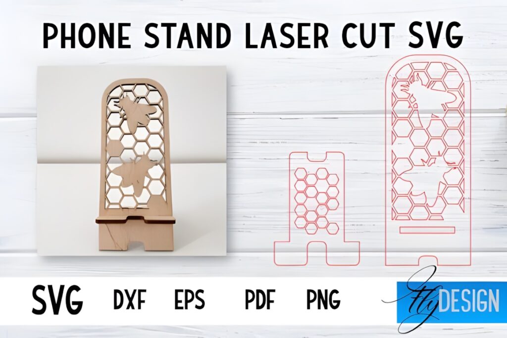 37 Laser Cut Ideas for Creative Maker Projects 21 Laser cut phone stand with honeycomb and bee design, shown with SVG, DXF, EPS, PDF, PNG file formats
