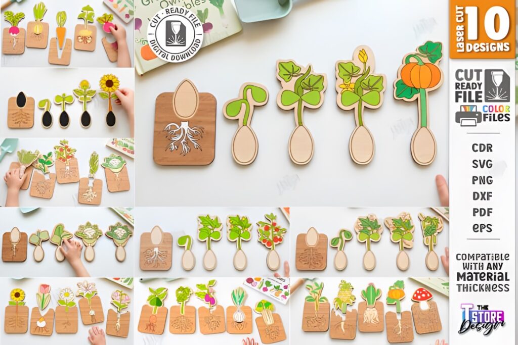 22 Educational Laser Cut Puzzles for Kids with SVG Files 39 Educational laser cut puzzles showing plant growth lifecycle stages with wooden pieces and colorful plant illustrations