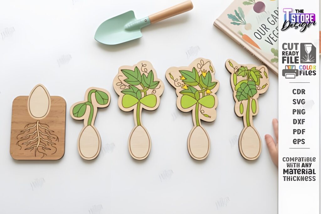 22 Educational Laser Cut Puzzles for Kids with SVG Files 38 Educational laser cut puzzles showing plant growth lifecycle stages from seed to mature plant with roots and leaves
