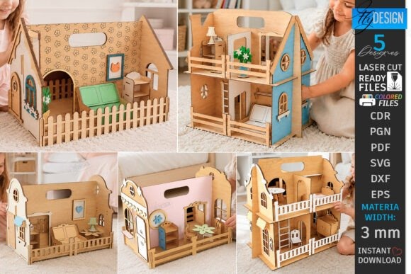21 Laser Cut Toys for Kids and Creative Play 2 Five portable doll houses laser cut toys with detailed miniature furniture and carry handles for creative play