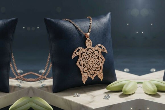 Laser cut necklace featuring a detailed turtle design with boho and geometric patterns on a black cushion