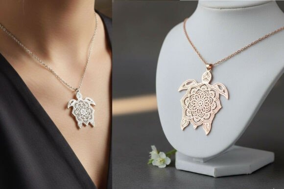 Laser cut necklace with a detailed turtle pendant featuring boho and geometric patterns in silver and rose gold finishes