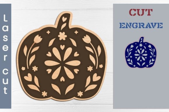 Laser engraving ideas showing a pumpkin design cut and engraved on a wooden cutting board with floral patterns