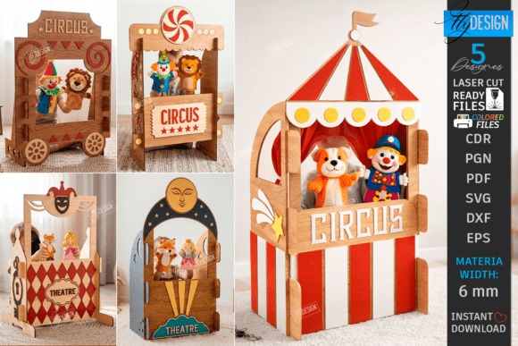 21 Laser Cut Toys for Kids and Creative Play 18 Laser cut toys featuring circus and theater puppet stages with colorful characters for creative play