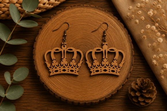 23 Laser Cut Wood Jewelry Ideas 28 Laser cut wood jewelry crown earrings with intricate cutout design on wooden round base