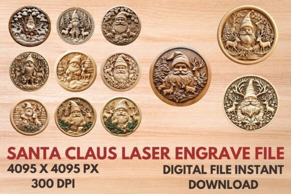 Santa Claus laser engraving ideas showing twelve holiday designs in circular wooden plaques with detailed festive scenes