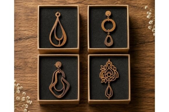 45 Best Laser Cut Acrylic Jewelry Ideas 49 Set of 4 wooden earrings with intricate laser cut designs displayed in individual boxes on a — laser cut acrylic jewelry