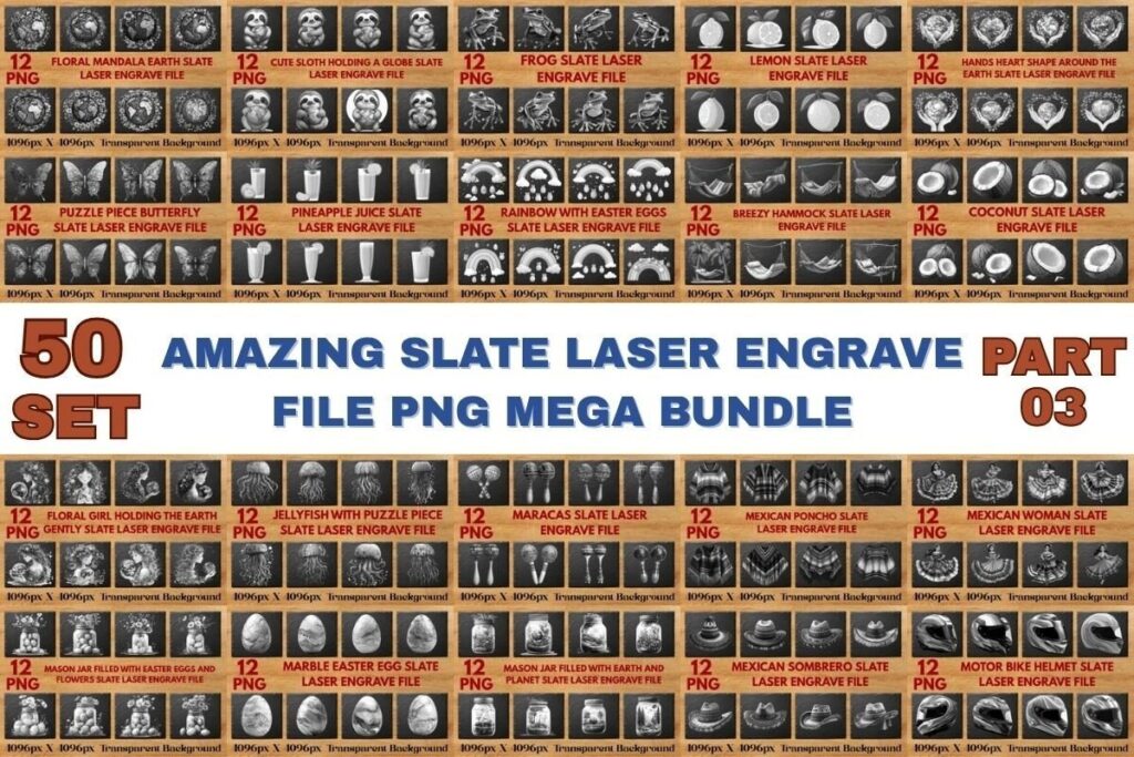Slate laser engraving ideas bundle with multiple grayscale PNG design sets for creative DIY projects