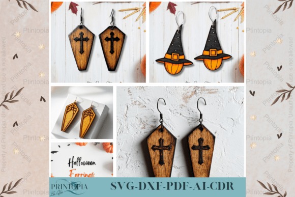 25 Laser Cut Halloween Jewelry Ideas 22 Laser cut halloween jewelry featuring coffin-shaped earrings with crosses and witch hat pumpkin earrings in multiple views