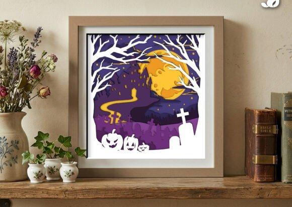 Halloween 3D Shadow Box — Halloween laser cut ideas Halloween laser cut ideas showing 3D shadow box with pumpkins, gravestones, castle, moon, and trees in layered silhouette