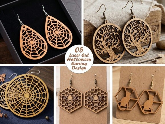 45 Best Laser Cut Acrylic Jewelry Ideas 44 Laser cut acrylic jewelry featuring Halloween-themed earrings with spiderweb, tree, spider, and cat designs