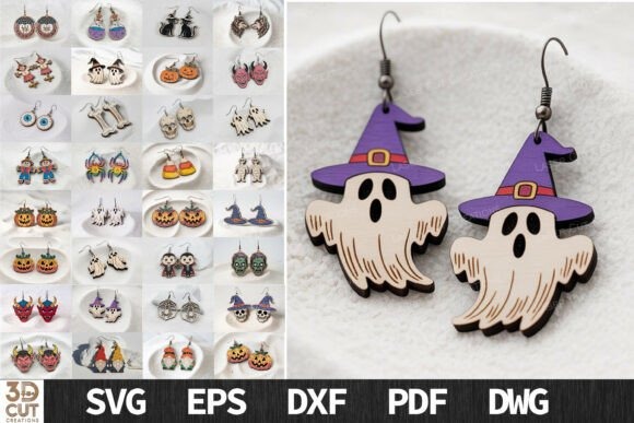 35 Halloween Laser Cut Wood Earrings Ideas 2 halloween laser cut wood earrings featuring ghost shapes with purple witch hats and a variety of other spooky Halloween