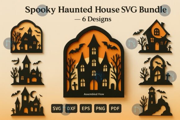 Spooky Haunted House SVG Bundle — Halloween laser cut Halloween laser cut spooky haunted house silhouettes with bats, trees, and graves in layered shadow-box style
