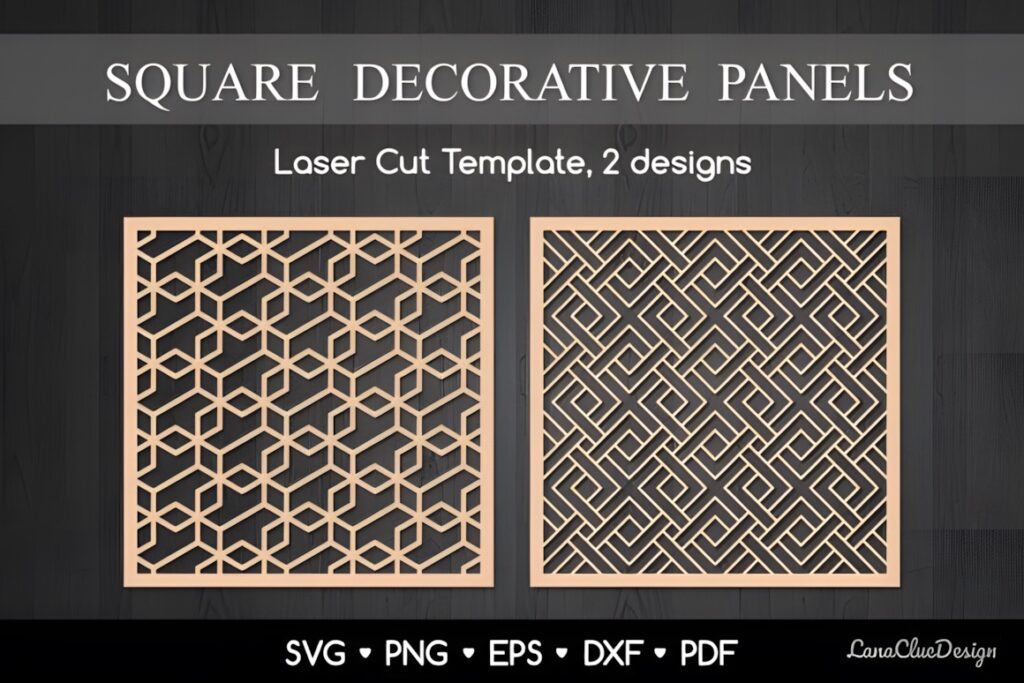 15 Laser Cut Outdoor Fence Panels for Modern Garden Privacy 13 Two laser cut outdoor fence panels with geometric square patterns in light wood finish