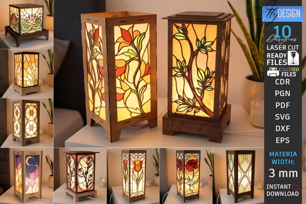 29 Laser Cut SVG Files for Wood, MDF and Acrylic Projects 27 Laser cut SVG files for wood projects featuring stained glass floor lamp designs with floral and geometric patterns