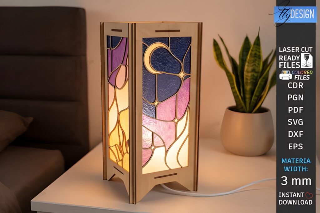 29 Laser Cut SVG Files for Wood, MDF and Acrylic Projects 28 Laser cut SVG files for wood projects stained glass floor lamp with purple and yellow panels on white table