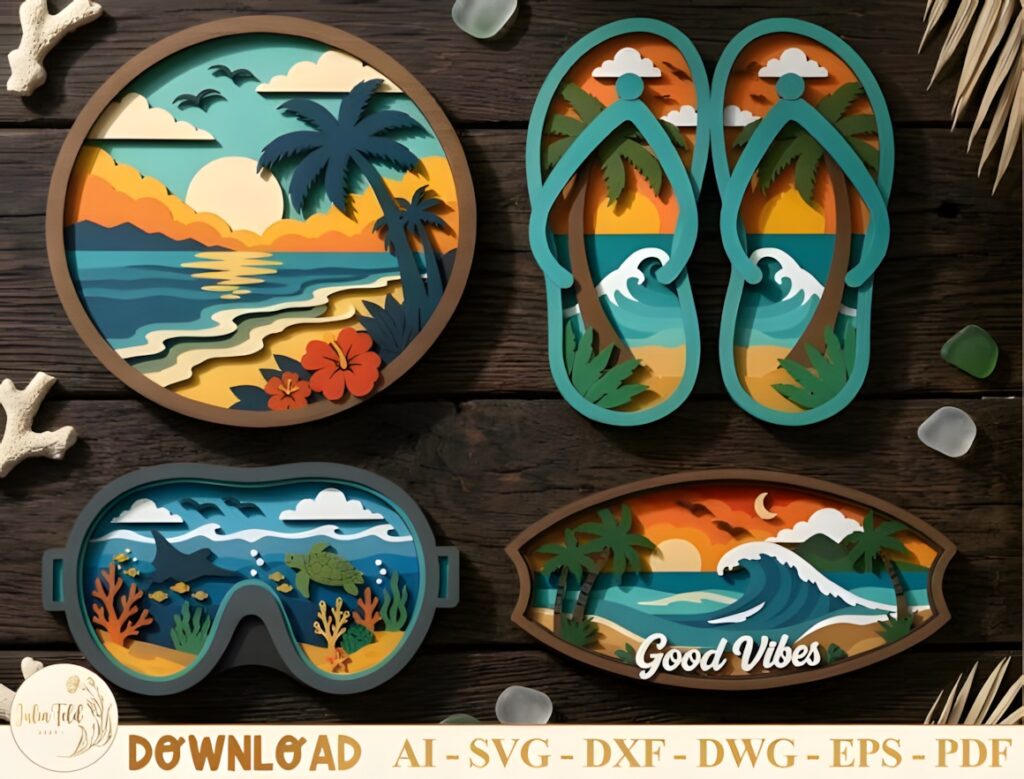 29 Laser Cut SVG Files for Wood, MDF and Acrylic Projects 6 Laser cut SVG files for wood projects featuring layered summer beach scenes with palm trees, ocean waves, and tropical