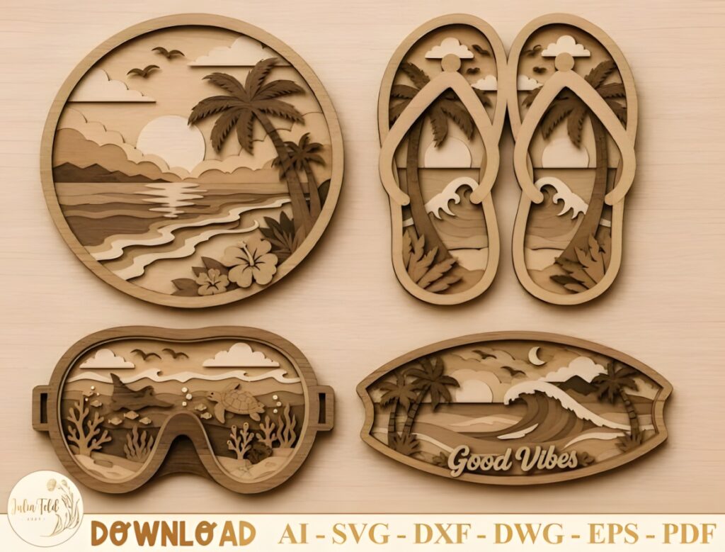 29 Laser Cut SVG Files for Wood, MDF and Acrylic Projects 7 Laser cut SVG files for wood projects featuring layered tropical beach designs with palm trees, sandals, ocean, and Good