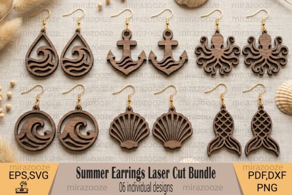 45 Best Laser Cut Acrylic Jewelry Ideas 31 Laser cut acrylic jewelry summer earrings bundle with six wooden designs including waves, anchors, octopus, shells, and fish