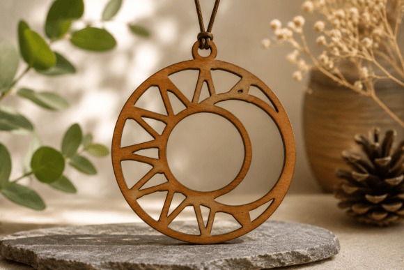 23 Laser Cut Wood Jewelry Ideas 20 Circular laser cut wood jewelry pendant featuring sun and moon motifs on a brown cord