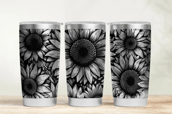 Laser engraving ideas on tumblers featuring detailed black and white sunflower designs with clear floral contrast