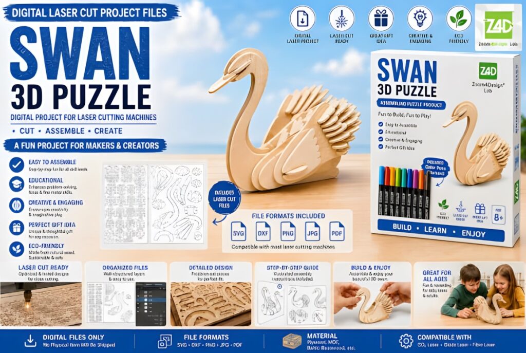 22 Educational Laser Cut Puzzles for Kids with SVG Files 13 Educational laser cut puzzles Swan 3D wood puzzle project with layered bird model and SVG files