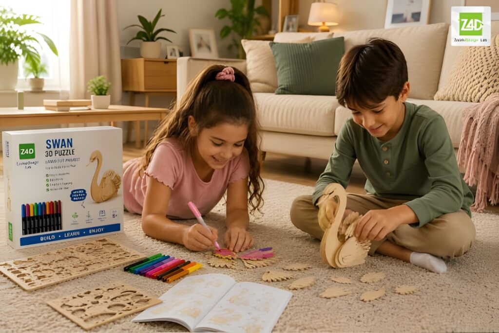 22 Educational Laser Cut Puzzles for Kids with SVG Files 12 Children assembling and coloring a swan 3D wood puzzle educational laser cut puzzles with wooden pieces and markers
