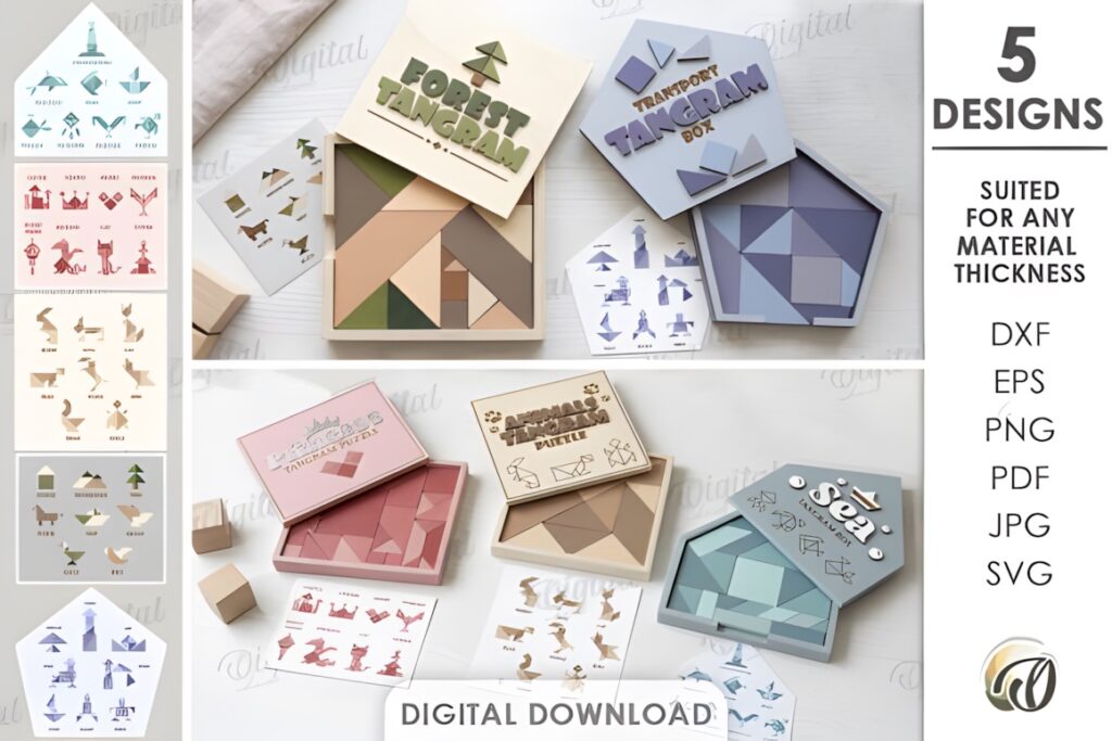 22 Educational Laser Cut Puzzles for Kids with SVG Files 18 Educational laser cut puzzles featuring five tangram puzzle box designs with geometric pieces and instruction sheets