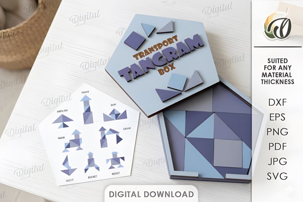 22 Educational Laser Cut Puzzles for Kids with SVG Files 19 Educational laser cut puzzles Tangram Puzzle Boxes Bundle with geometric shapes and box-style storage for spatial play
