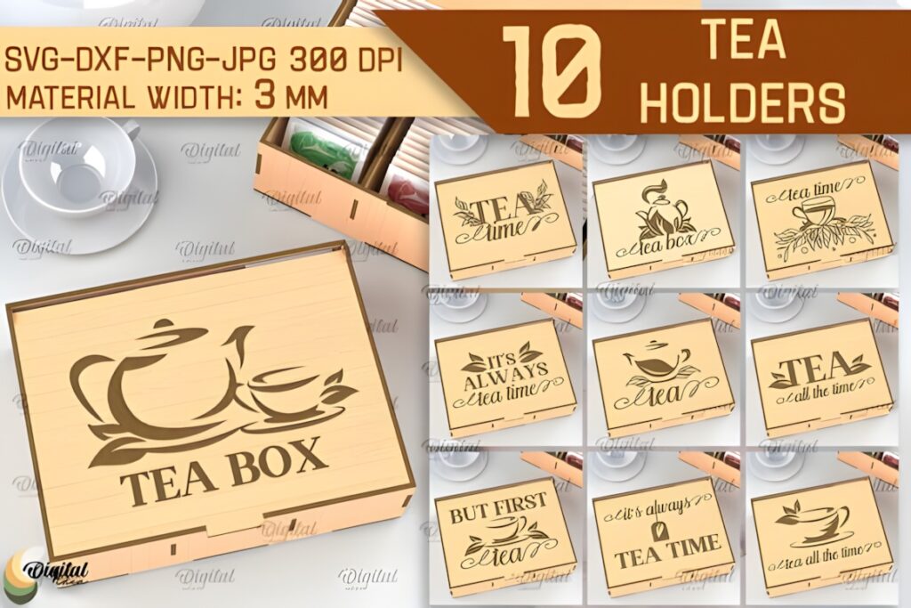 37 Laser Cut Ideas for Creative Maker Projects 29 Laser cut tea box and 10 tea holders with various engraved designs in 3 mm material