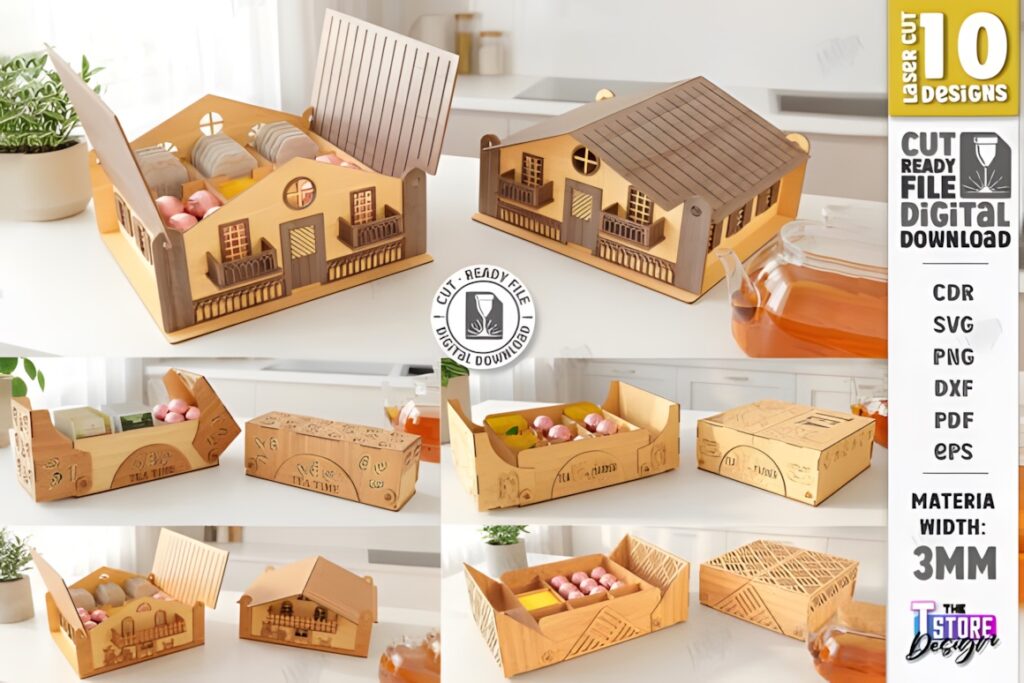 29 Laser Cut SVG Files for Wood, MDF and Acrylic Projects 46 Laser cut SVG files for wood projects showing tea storage and chocolate box designs with compartments and decorative details