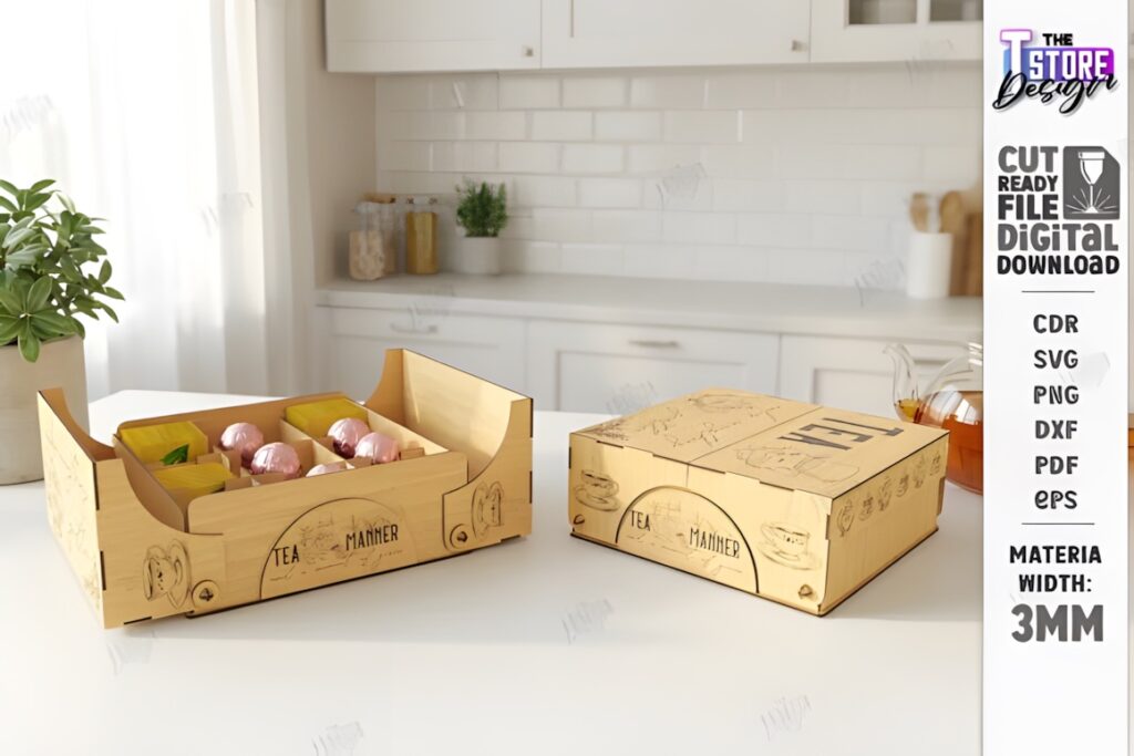 29 Laser Cut SVG Files for Wood, MDF and Acrylic Projects 47 laser cut SVG files for wood projects showing tea storage and chocolate box set on kitchen counter