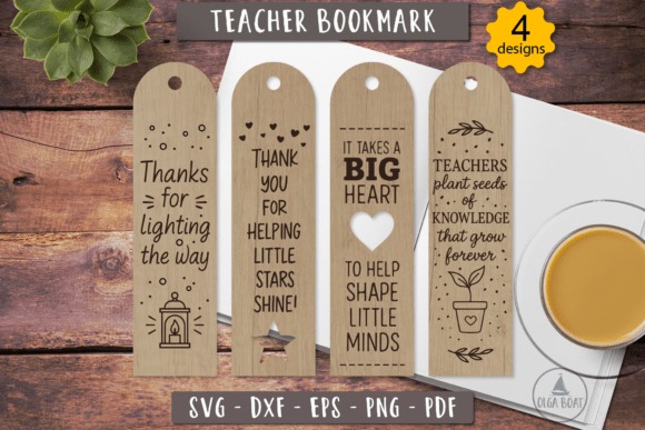 Laser engraving ideas showing four teacher bookmarks with appreciation quotes and decorative designs
