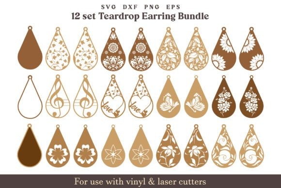 Set of 12 teardrop laser cut wood earrings designs in various decorative patterns and shapes