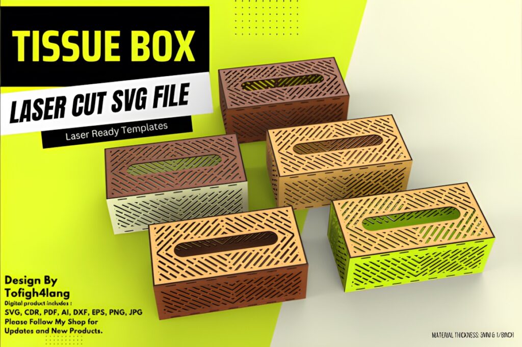 45 Laser Cut Files for Ready-to-Make Laser Projects 23 Laser cut files for tissue box covers in various wood tones with decorative slot patterns