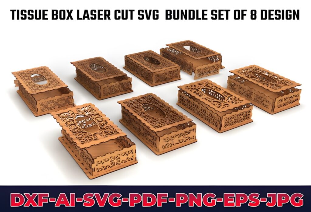 45 Laser Cut Files for Ready-to-Make Laser Projects 24 Laser cut files showing a bundle set of 8 tissue box designs with intricate decorative patterns