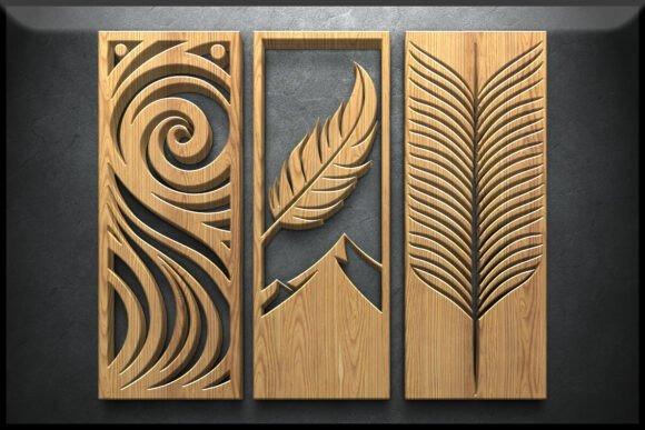 45 Laser Cut Panels for Indoor and Outdoor Features 50 Laser cut panels featuring swirling patterns, a feather with mountain design, and a stylized palm leaf in wood finish