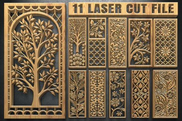 45 Laser Cut Panels for Indoor and Outdoor Features 48 Laser cut panels featuring tree silhouettes, leaves, flowers, and geometric ornaments in an 11-panel set