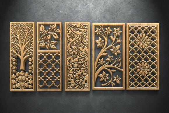 45 Laser Cut Panels for Indoor and Outdoor Features 47 Laser cut panels featuring tree silhouettes, leaves, flowers, and geometric ornaments in wood