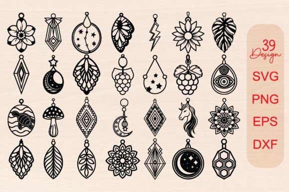 39 laser cut wood earrings designs including geometric, boho, minimalist, and statement shapes in black outlines