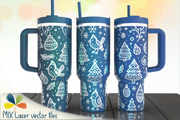 laser engraving ideas on Christmas tumbler with trees and cardinals in white on blue background