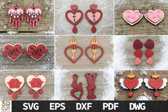 45 Best Laser Cut Acrylic Jewelry Ideas 23 Laser cut acrylic jewelry featuring various heart-shaped Valentine earrings in red, pink, and blush tones