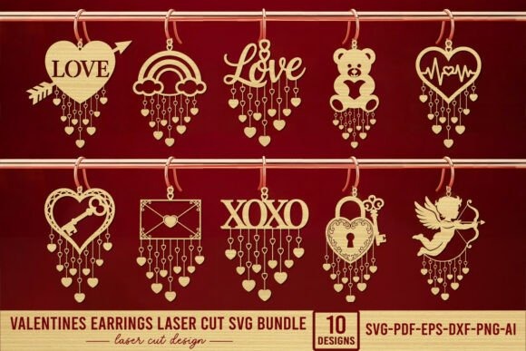 laser cut wood earrings with Valentine-themed designs including hearts, love text, teddy bear, cupid, and romantic symbols