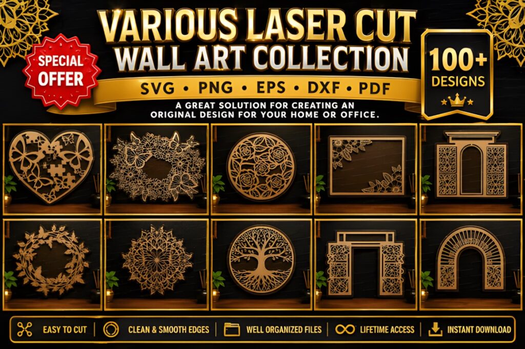 37 Laser Cut Ideas for Creative Maker Projects 15 Various laser cut wall art designs including floral, geometric, and tree motifs in multiple file formats