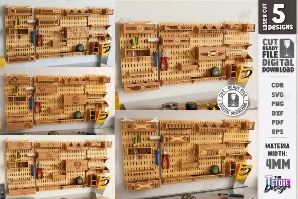 10 Laser Cut Projects for Useful Home and Workshop Builds 2 Laser cut projects for home and workshop showing wall tool organizers made from 4mm wood with pegboard design