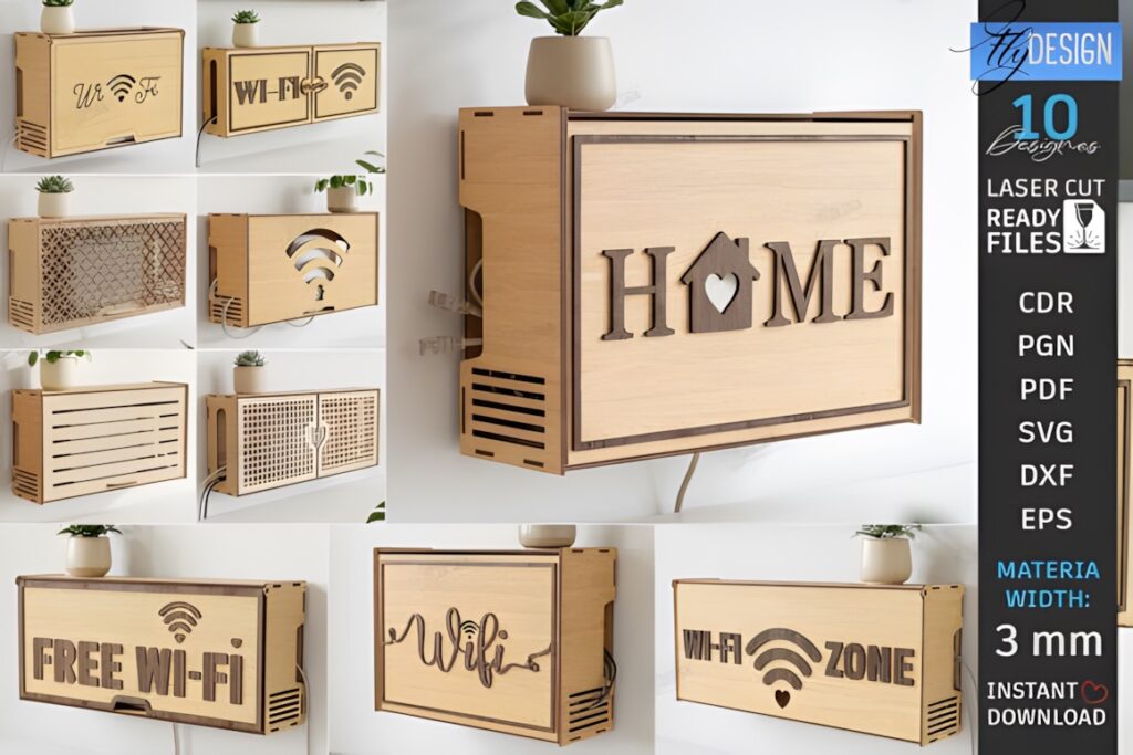 29 Laser Cut SVG Files for Wood, MDF and Acrylic Projects 20 Laser cut SVG files for wood projects showing various Wi-Fi router hiding box designs in wood with decorative cutouts and