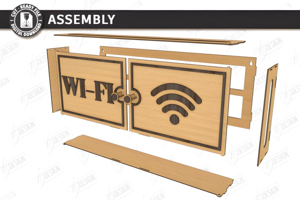 29 Laser Cut SVG Files for Wood, MDF and Acrylic Projects 21 Laser cut SVG files for wood projects showing Wi-Fi router hiding box parts with Wi-Fi symbol and text