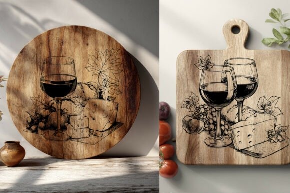 Wine cutting boards with laser engraving ideas featuring wine glasses, grapes, and cheese designs