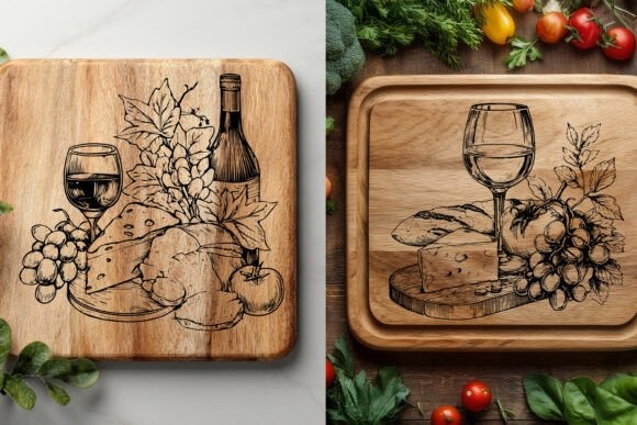 Wine-themed cutting boards with laser engraving ideas featuring wine glass, bottle, grapes, cheese, and bread on wood